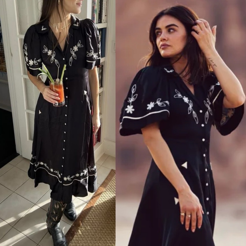 THE GREAT. Black Midi Dress with White Floral Embroidery